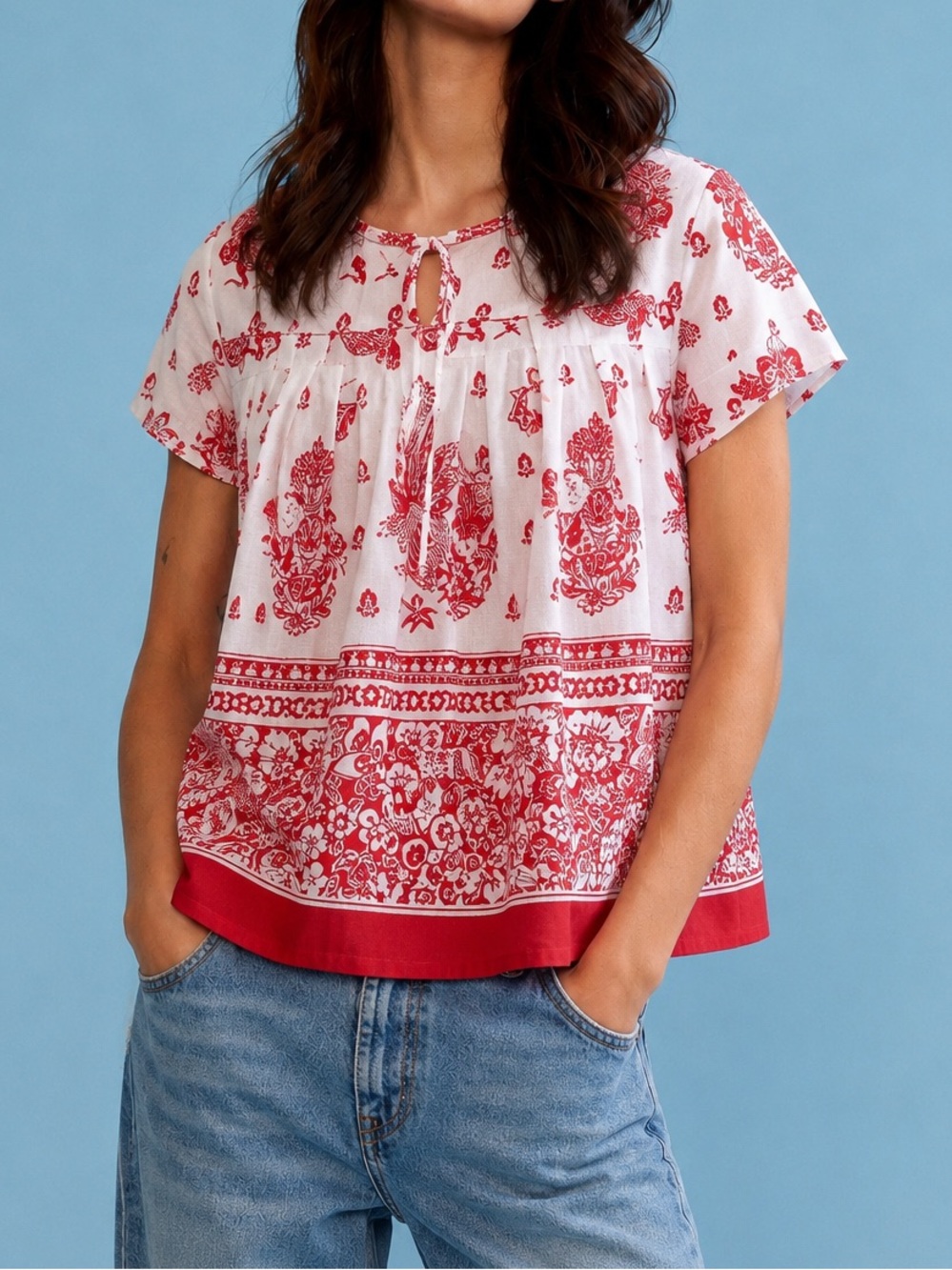 Cottagecore Folk Print Swing Top Red‎ White Summer Tunic Blouse/euro summer